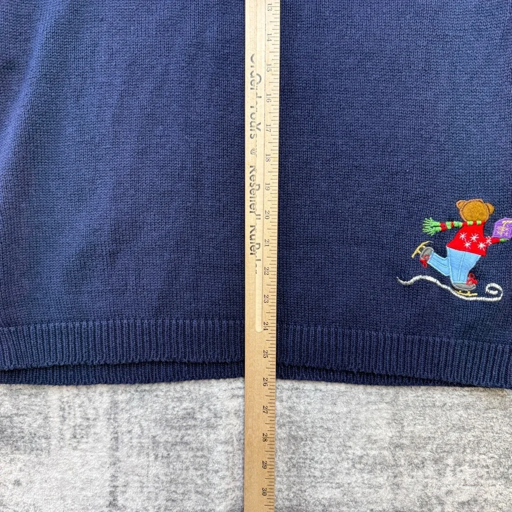 VTG Christmas Sweater Womens Large Blue Teddy Bear‎ Skating Roll Neck 90s Party